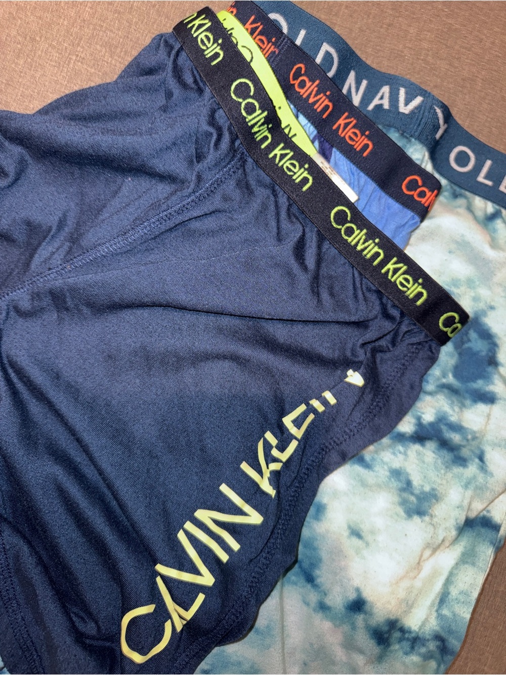 Calvin Klein Boys' Navy and Light Blue Athletic Briefs with Neon Logo Waistband
